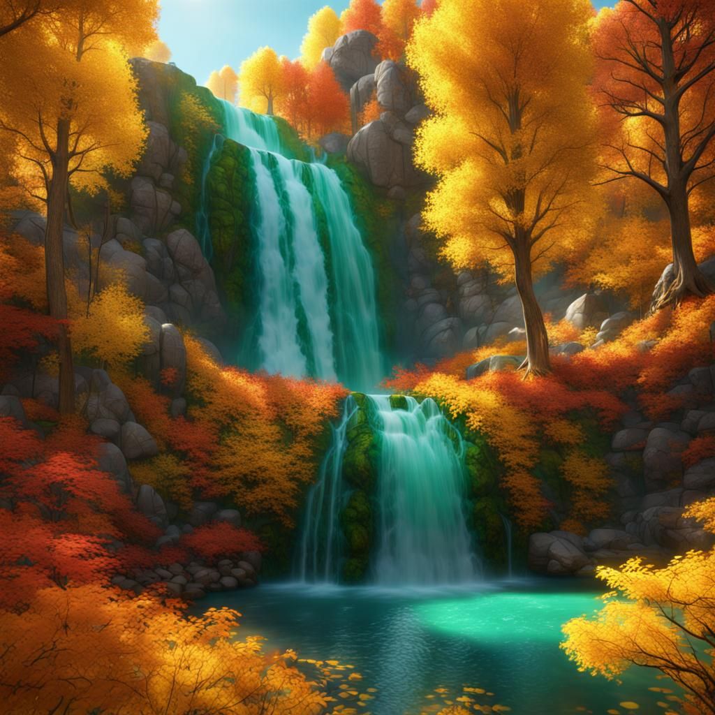 Emerald Waterfall in Vivid Autumn Forest: 8K