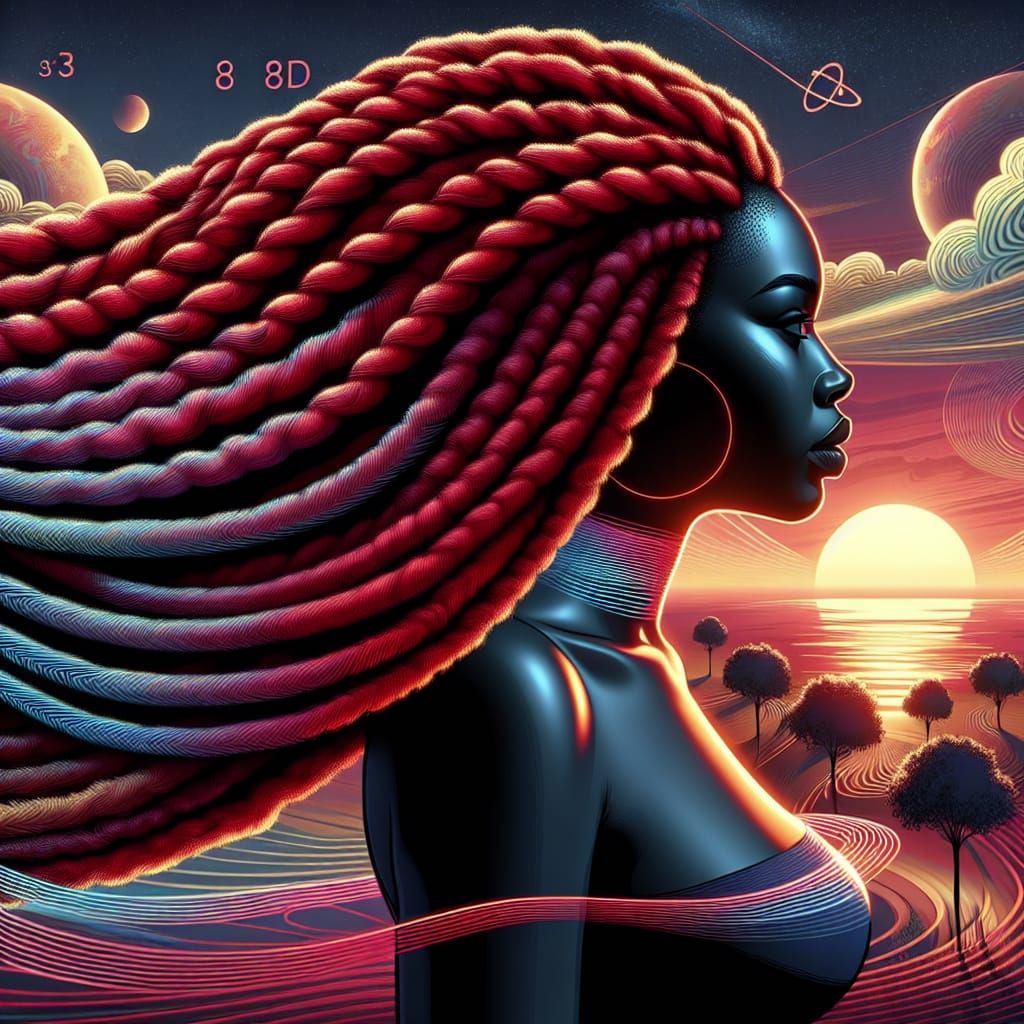 Afrofuturist Woman with Red Locs at Sunrise