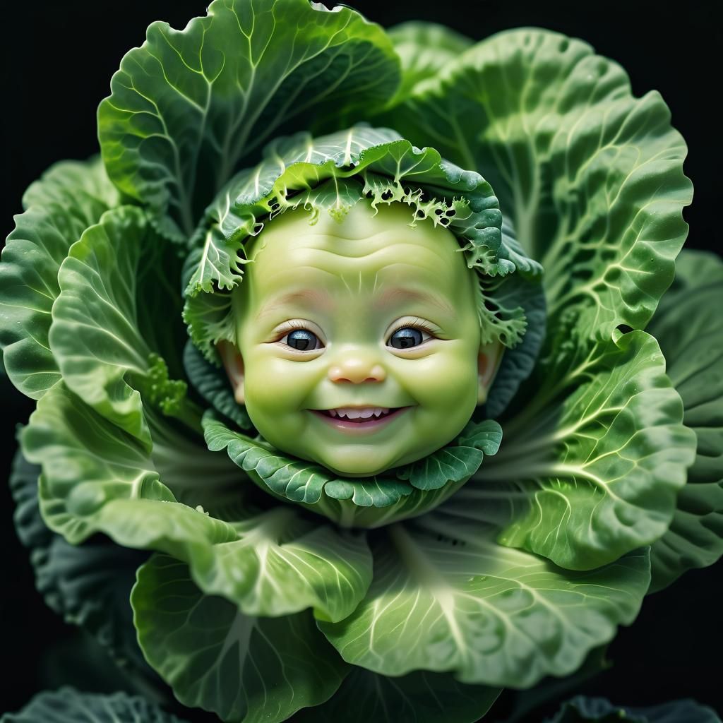 Smiling Baby Face in Green Cabbage, Macro Photography