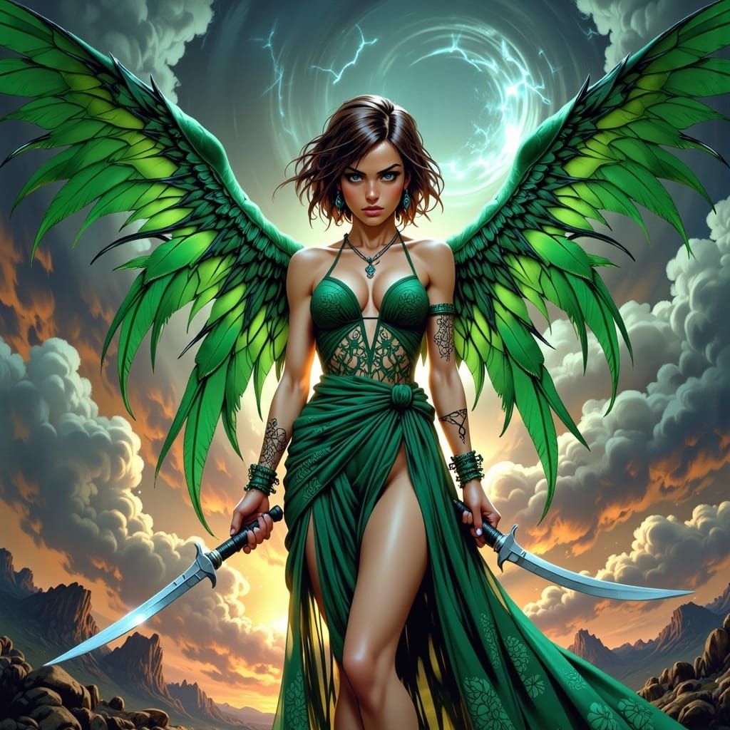 Anime Angel Warrior in Stormy Skies
