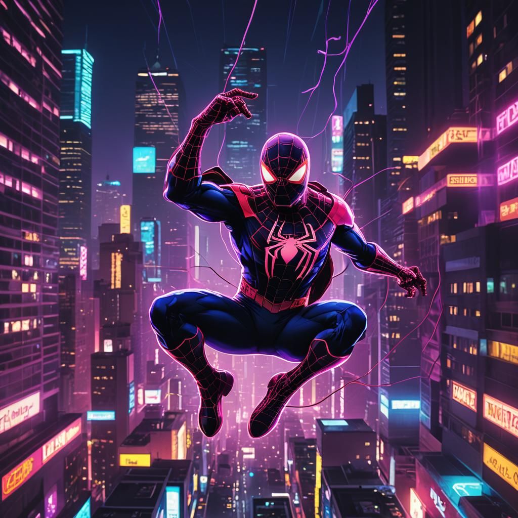 Spiderman Swings Through Neon City in Synthwave Style