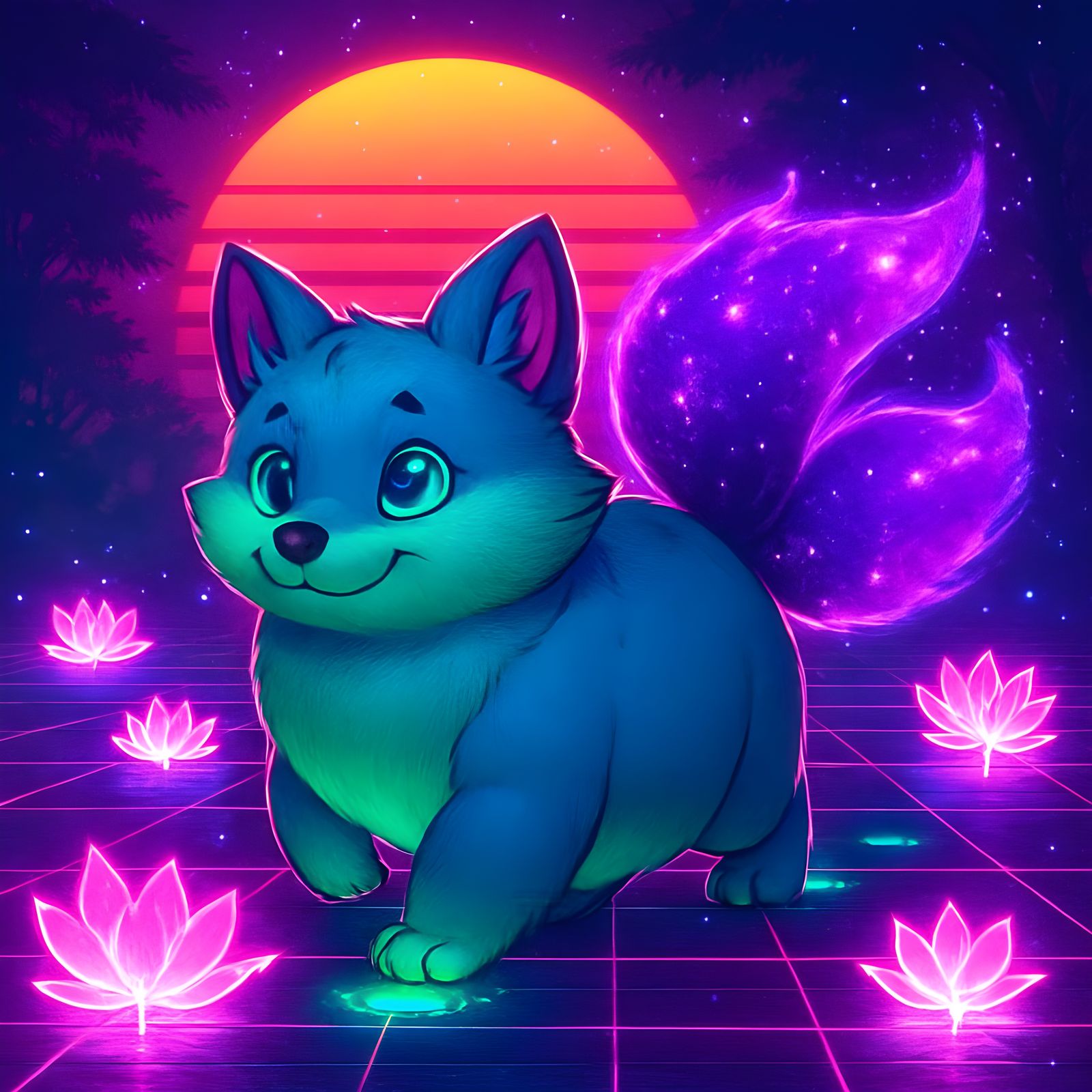 Cosmic Fox Waddling Through Synthwave Lotus Field
