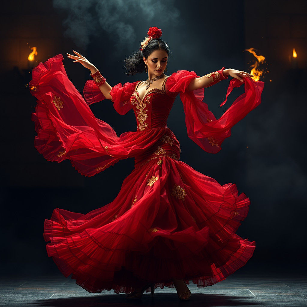 Flamenco Dancer in Crimson Dress Radiating Golden Sparks