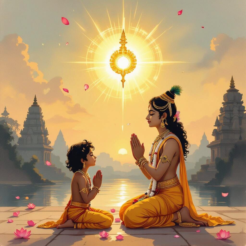 Radiant Portrait of Prahlad in Prayer, Watercolor Style