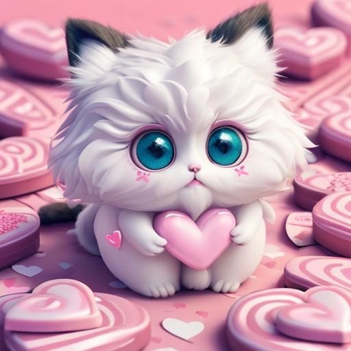 Adorable 3D Fluffy Cat with Heart Eyes on Valentine's