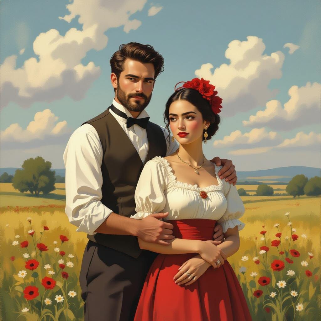 Romantic Embrace in Dreamlike Landscape