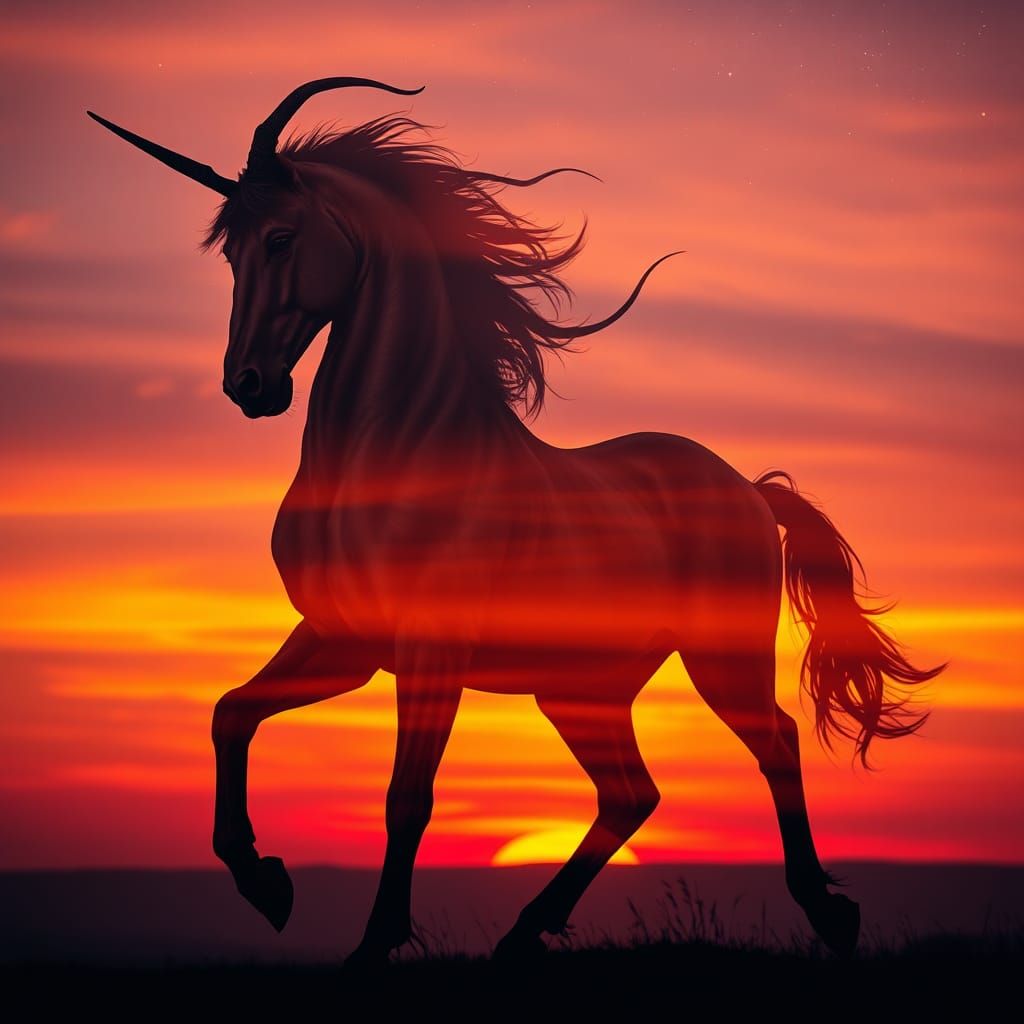 Majestic Centaur Silhouette in Vibrant Sunset with Starry Ni...