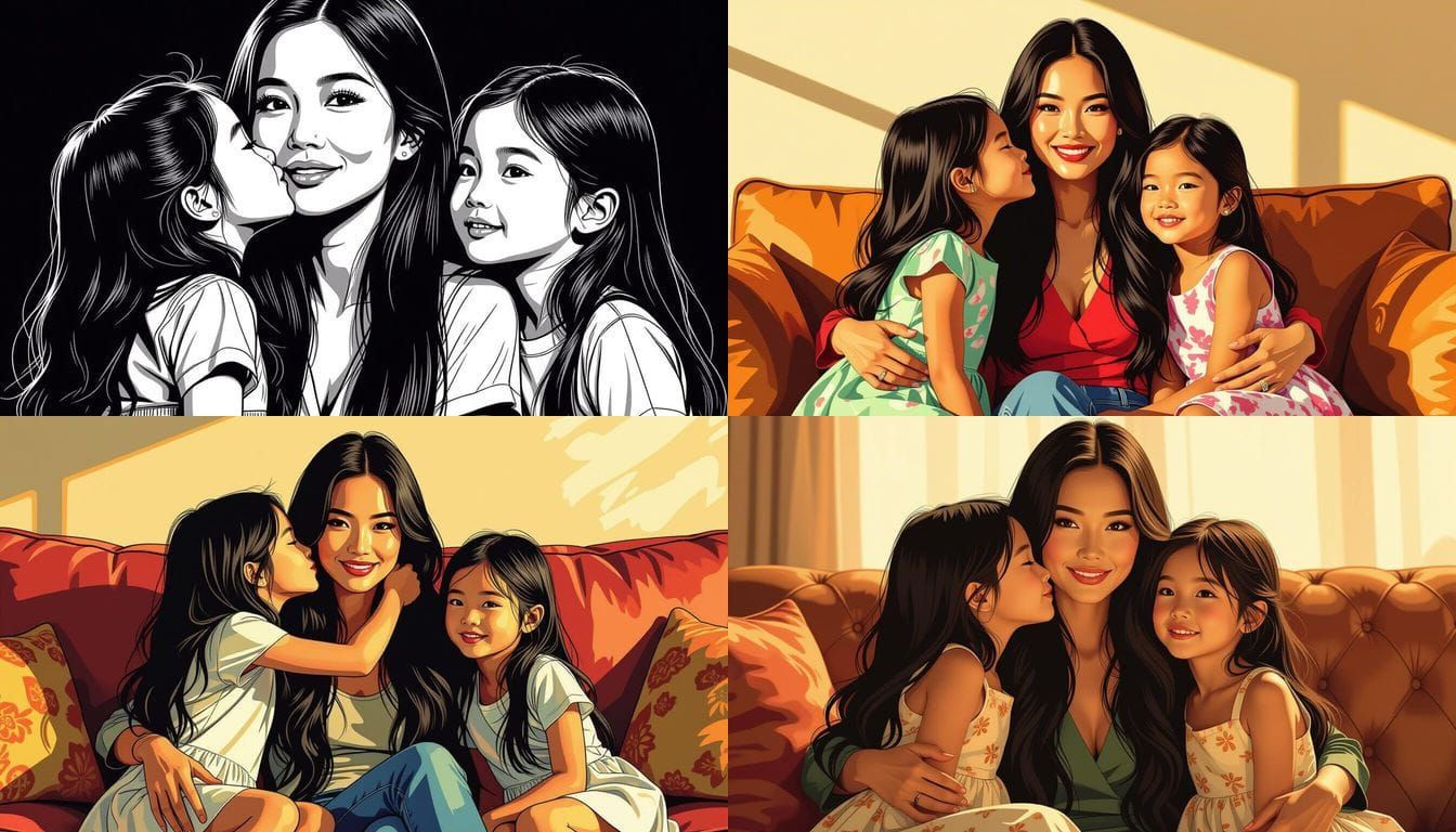 Vietnamese Mother with Twin Daughters in Graphic Novel Style