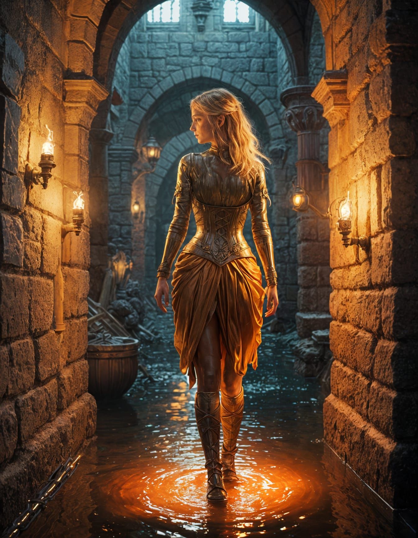 Flooded Castle Corridor: Nymph with Torch