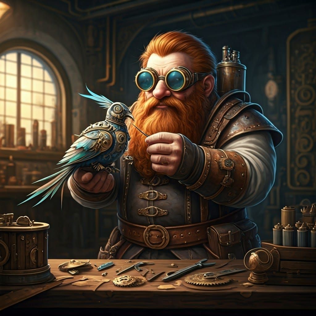 Dwarf Assembling Clockwork Bird in Steampunk Workshop