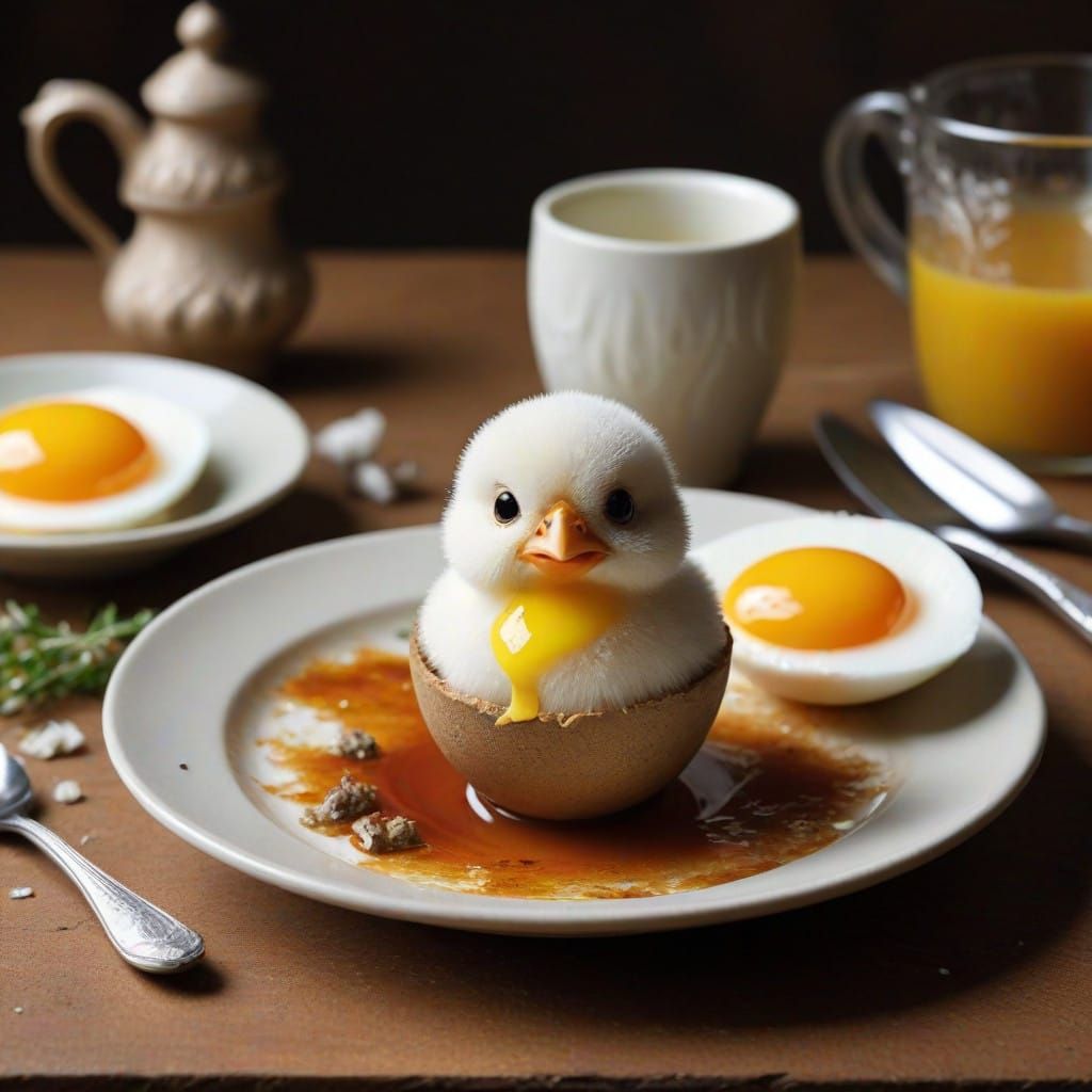 Chicken Chick Emerges from Egg in a Surrealistic Scene