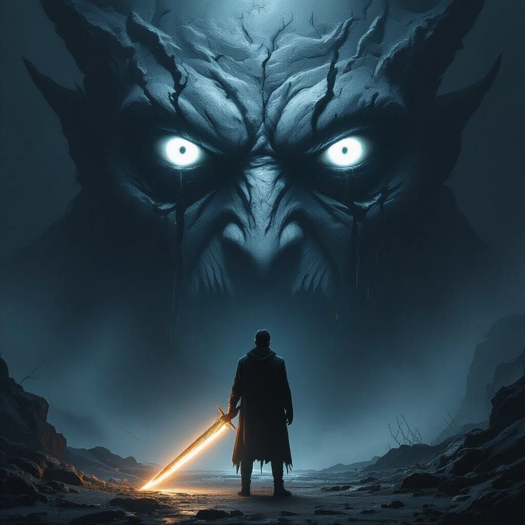 Dark Warrior Confronts Demonic Entity in Darkness