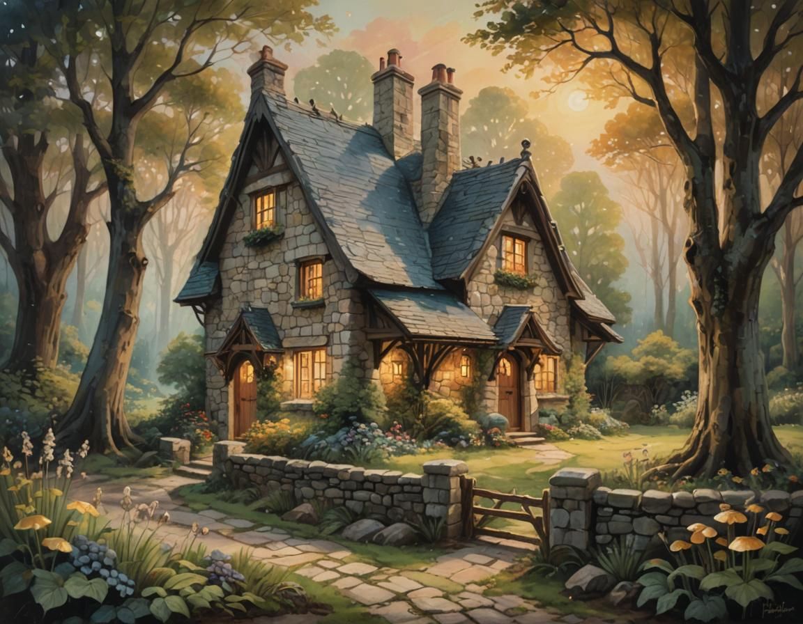 Enchanting Cottage in Mystical Woods: Impressionist Oil Pain...