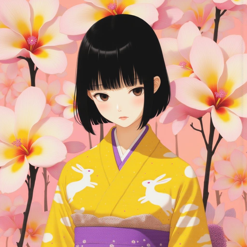 Japanese Woman in Frangipani Dreamscape, Anime Style