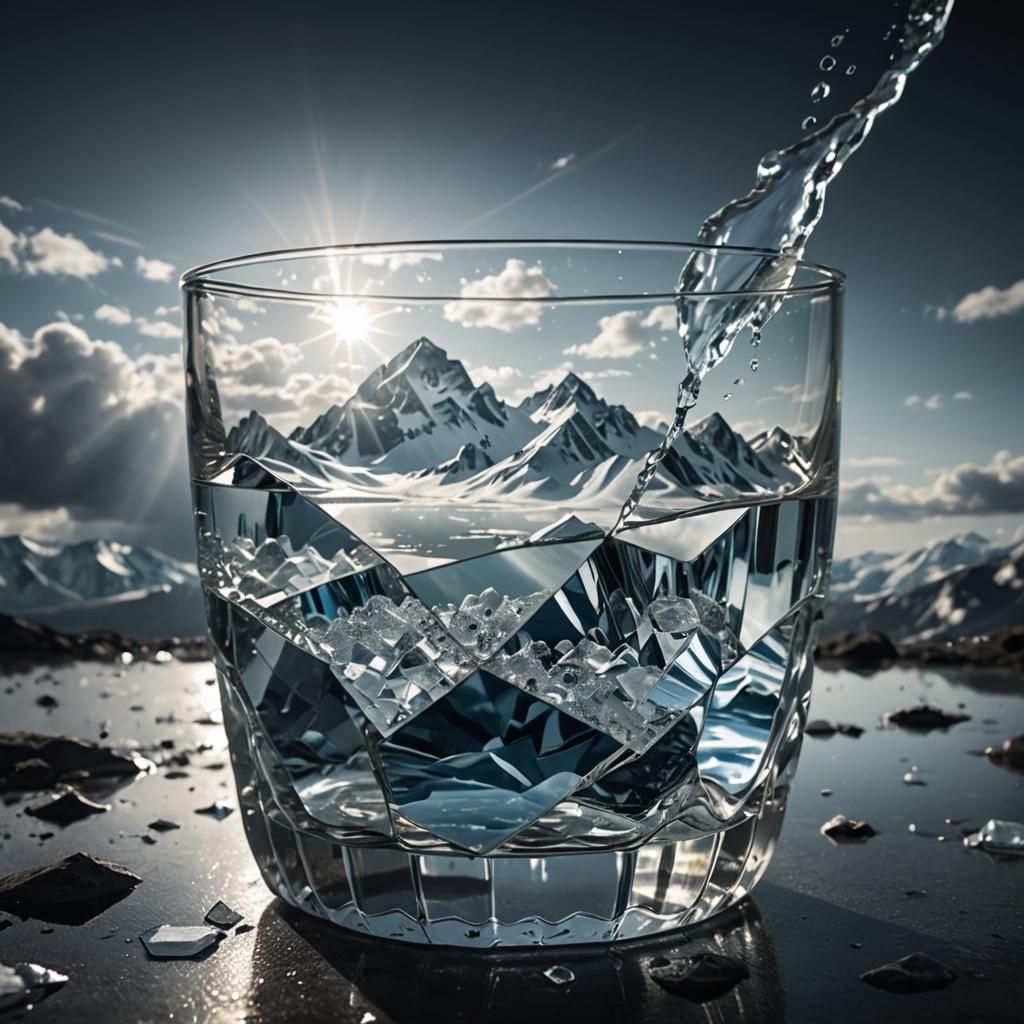 A sunlit water glass with a cloud reflected in it,