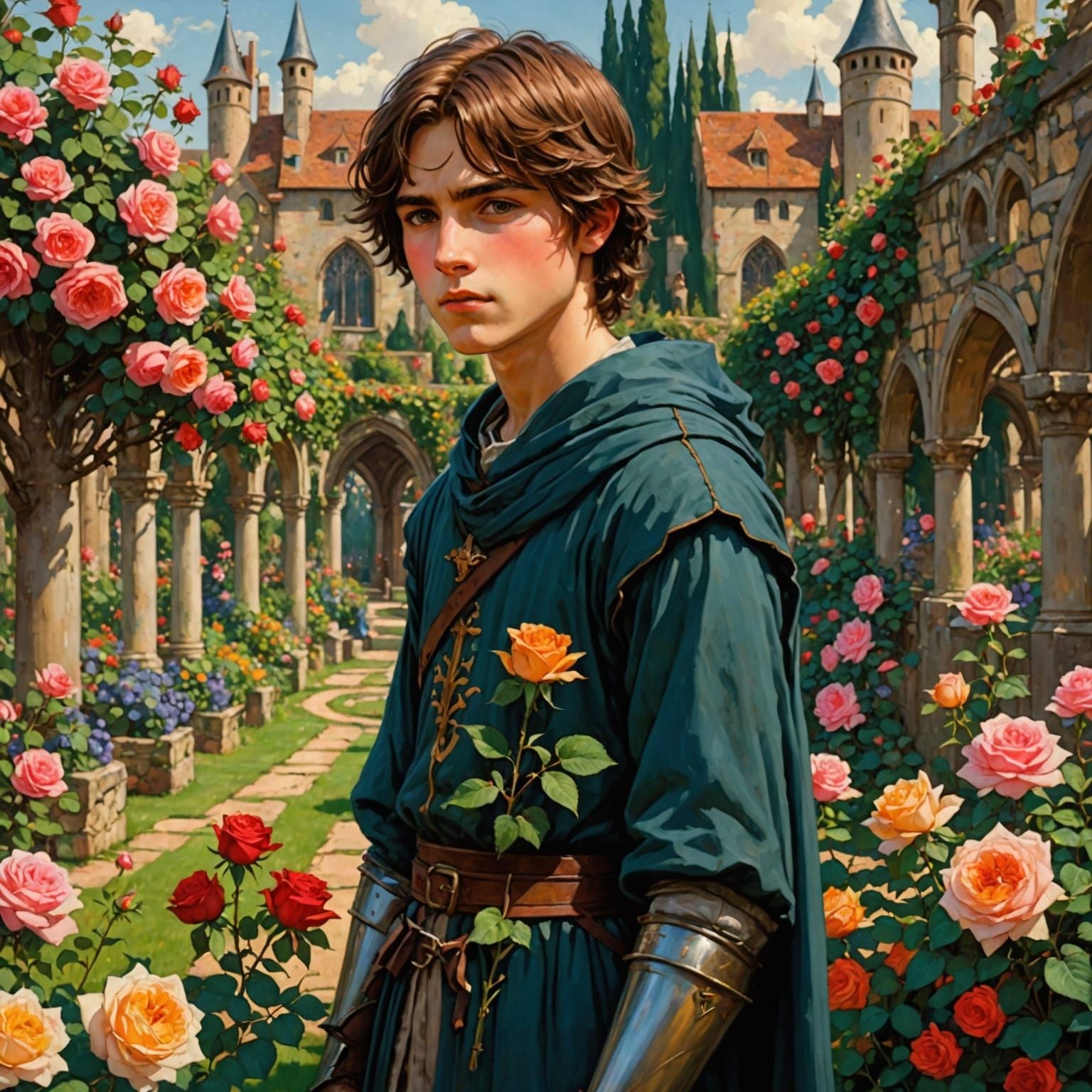 Boy in Enchanted Rose Garden Scene