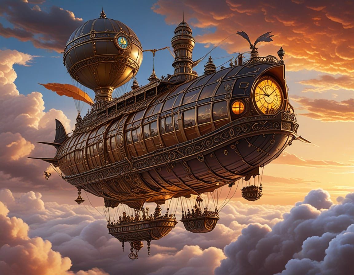 Steampunk Airship soars through a Vibrant Victorian Sky