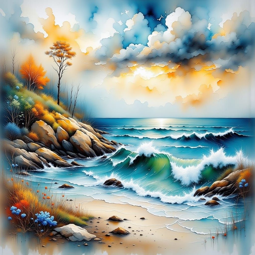 Impasto Seascape on Wet Watercolor Background
