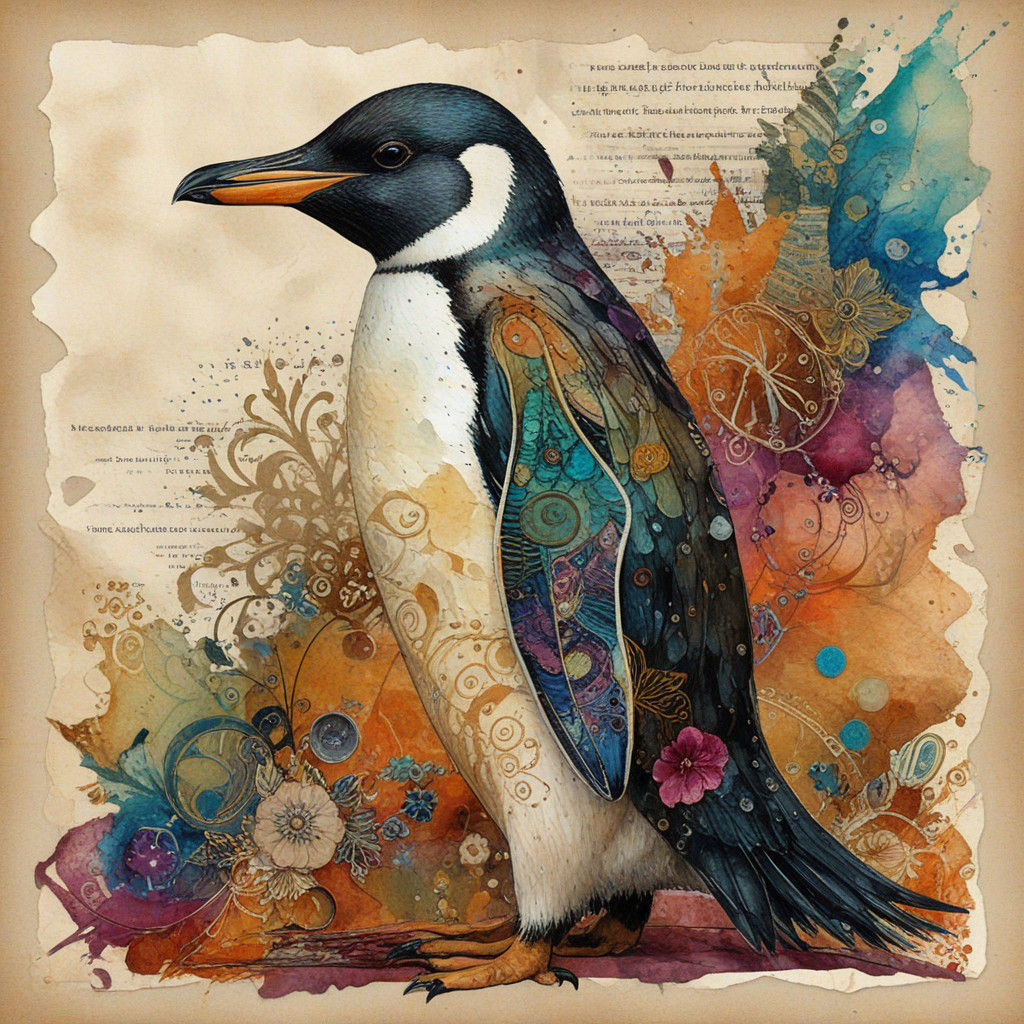 Enchanted Penguin in Whimsical Mixed Media Collage