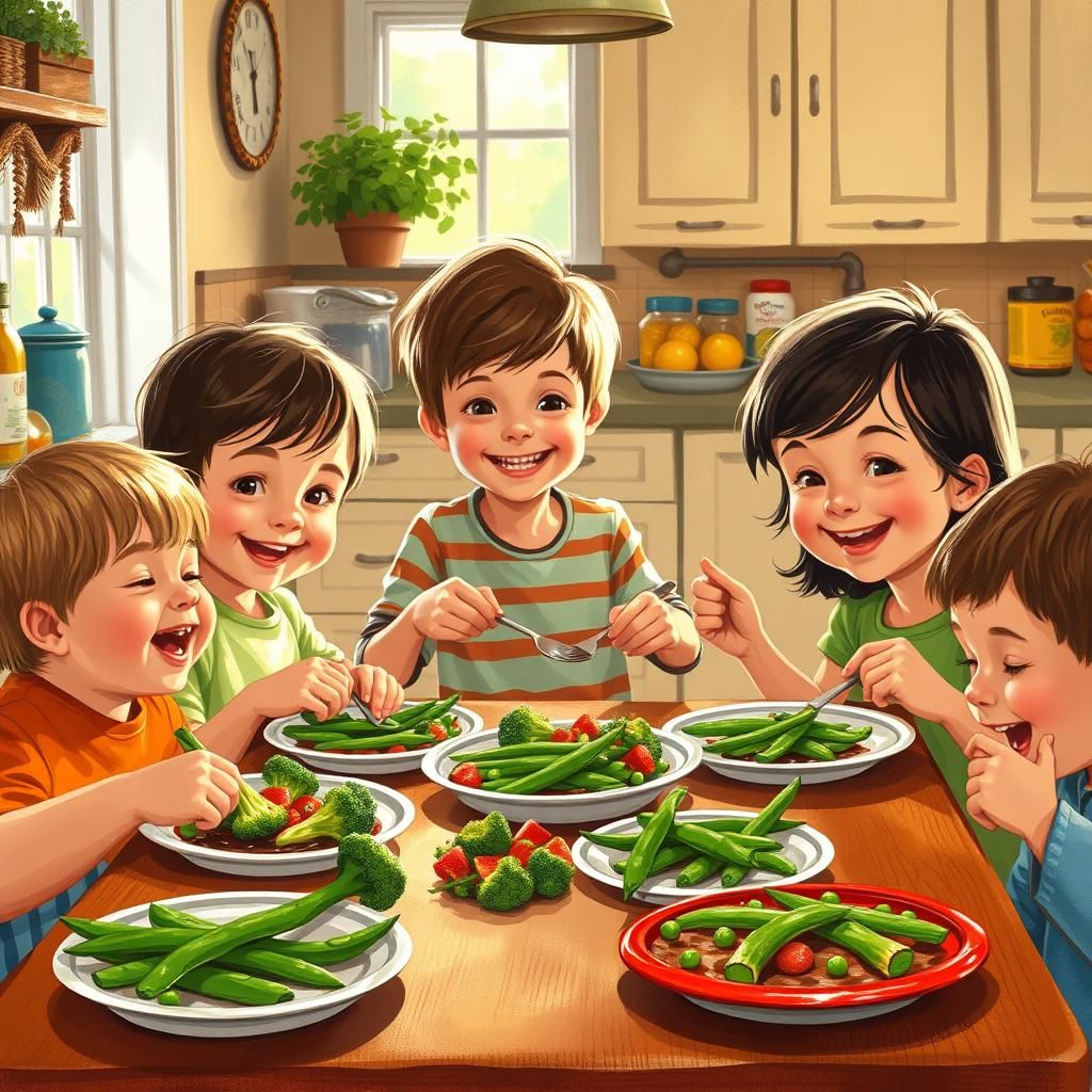 Happy Children Eat Green Vegetables in Rockwell Style