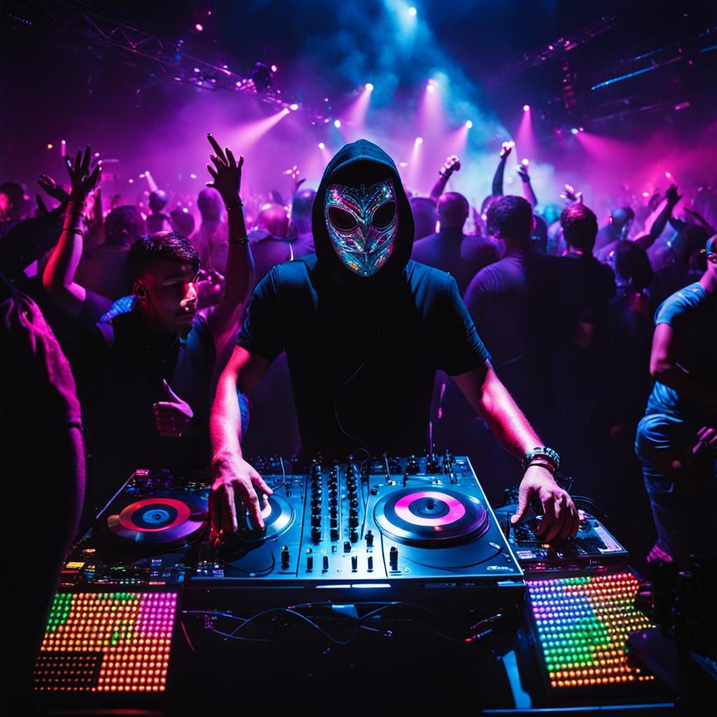 Masked DJ Performing in Dark Club Scene