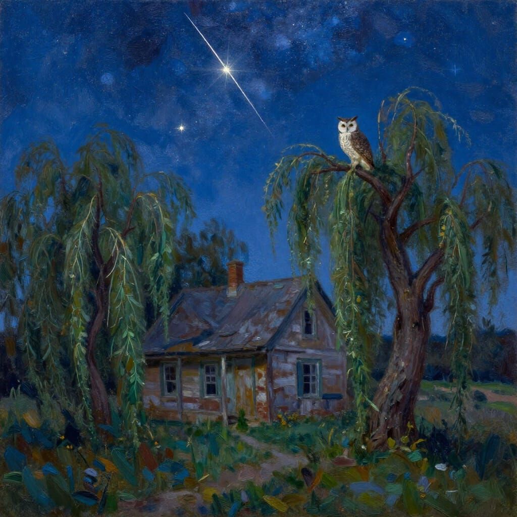 Whimsical Night Landscape with Owl and Falling Stars