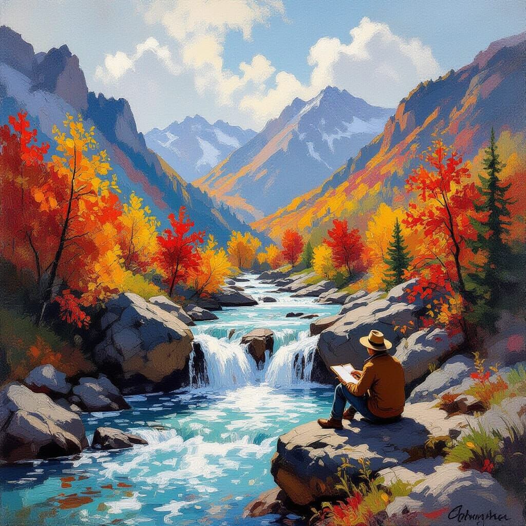 Traveler Sketches Autumn Mountain Cascade in Impressionist S...