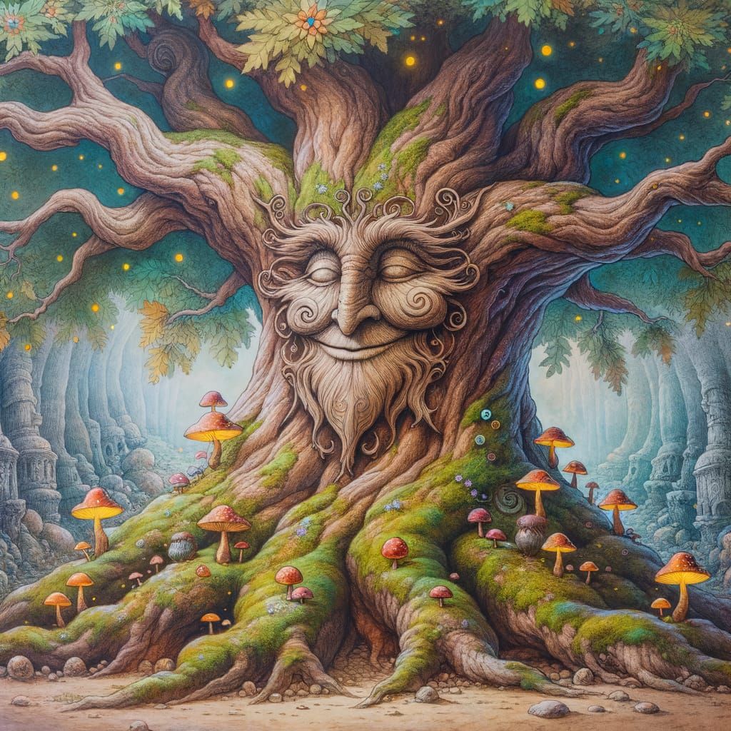Ancient Oak Tree with Wise Face in Enchanted Forest