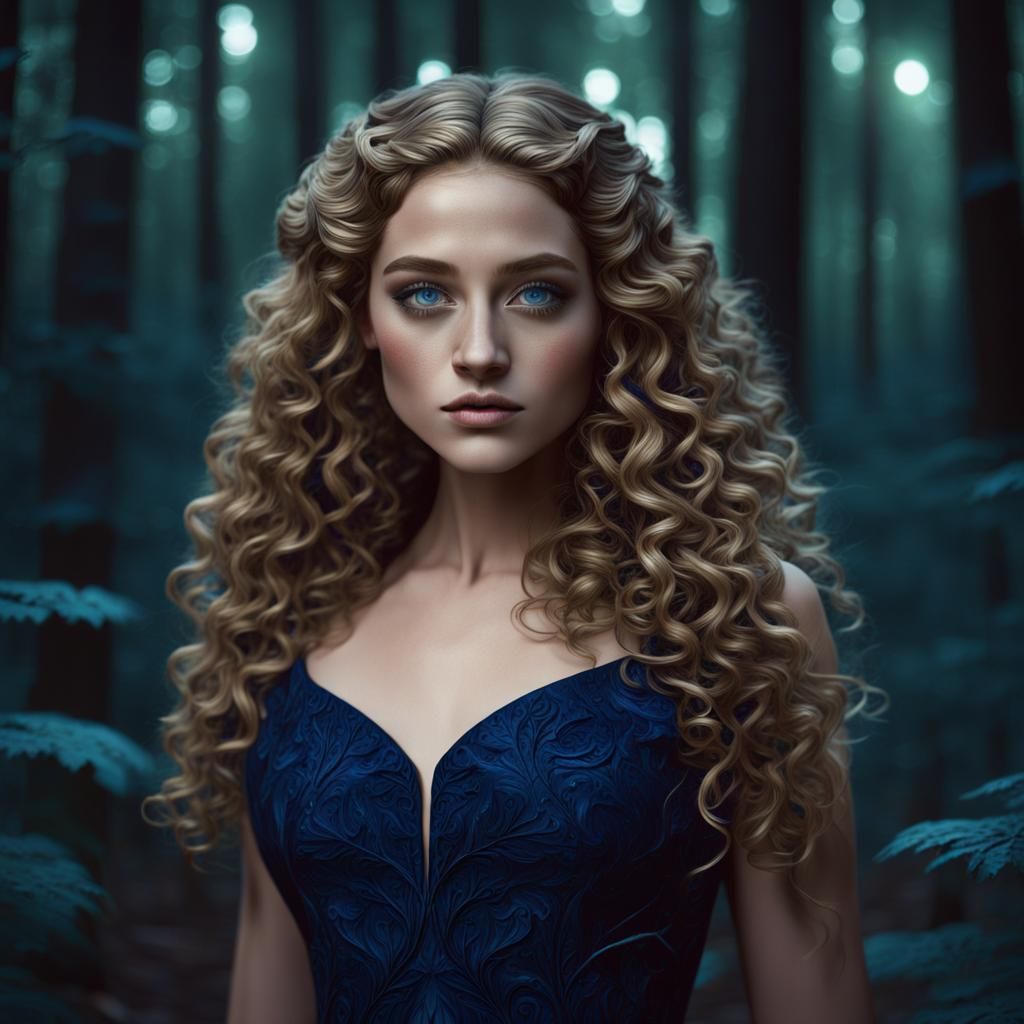 Beautiful Girl with Curly Hair in Forest, Digital Art
