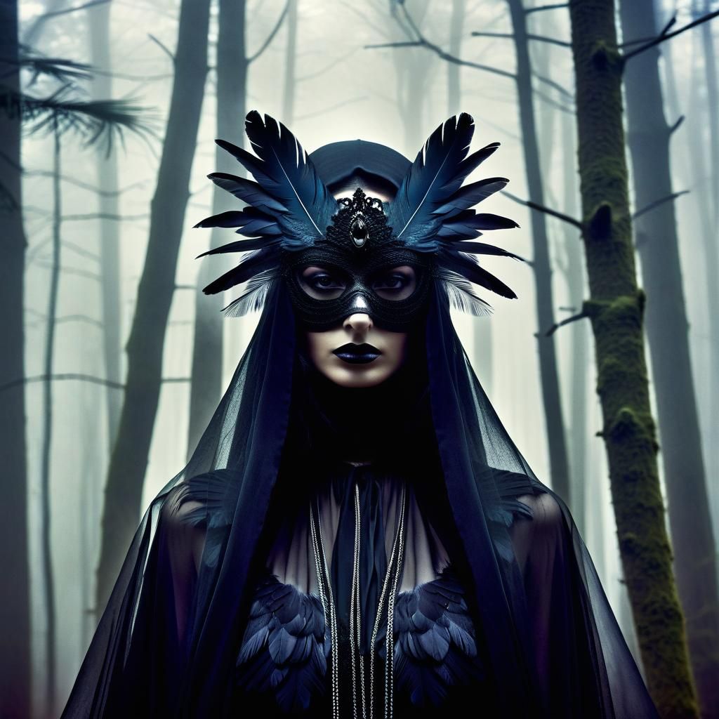 Mysterious Raven Masked Woman in Glitchy Double Exposure