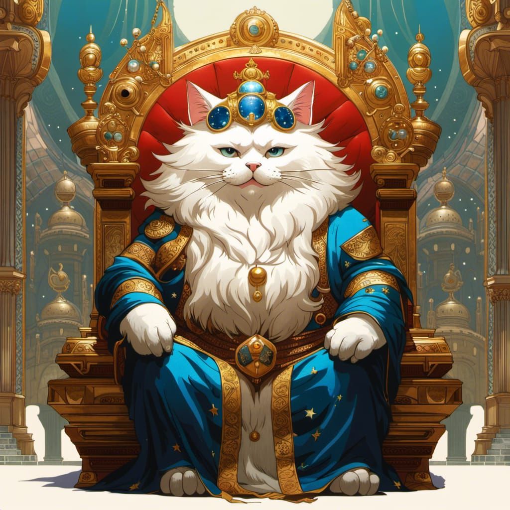 Celestial Cat God on Throne, Detailed Digital Art