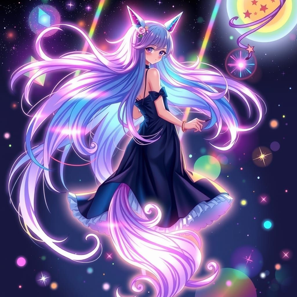 Anime Girl with Cosmic Hair and Unicorn Tail