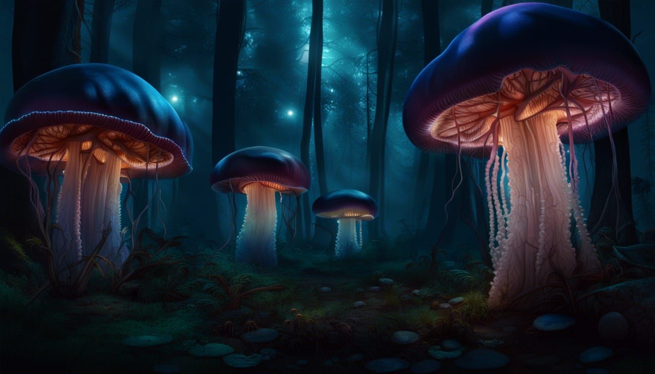 Glowing Jellyfish Mushrooms in Moonlight
