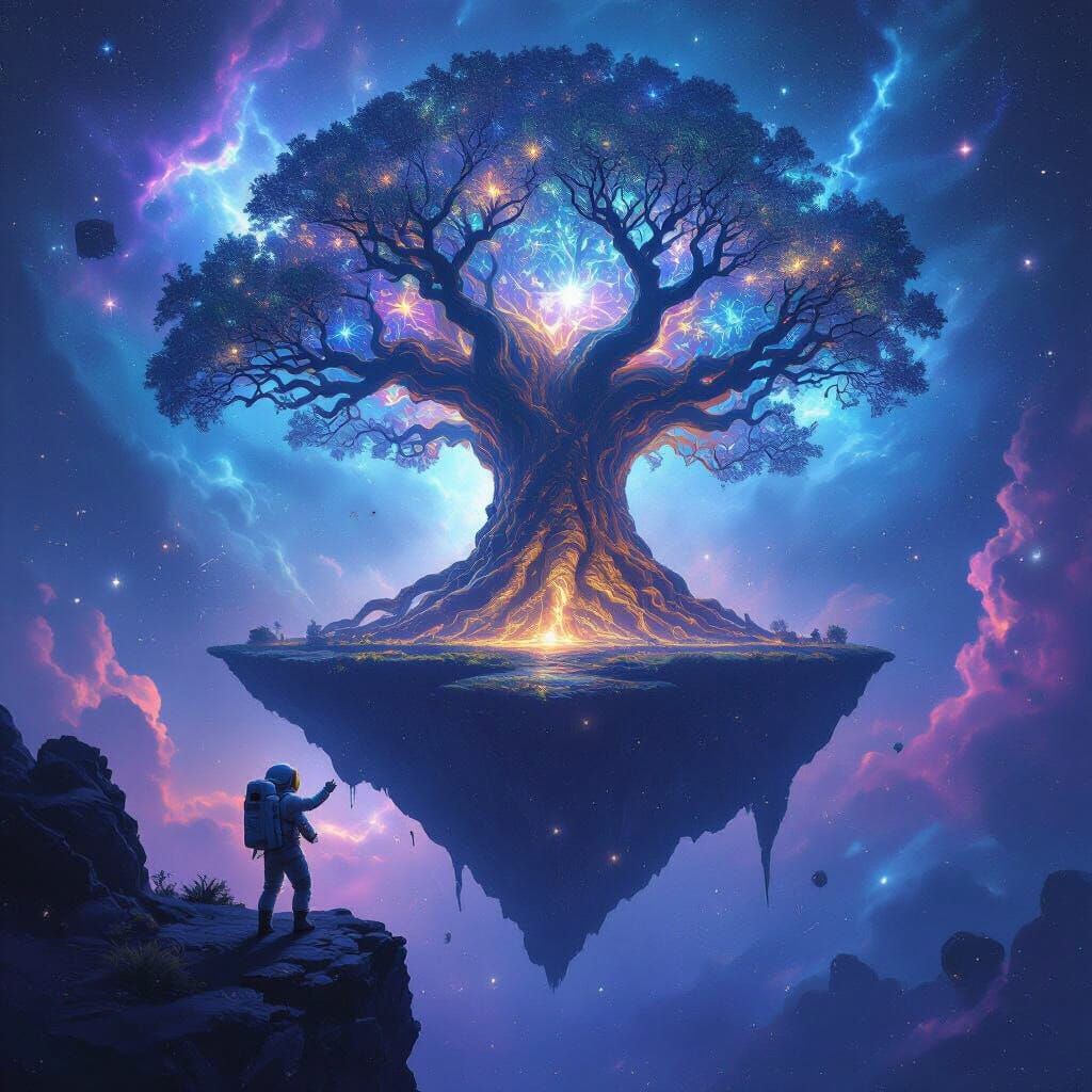 Astronaut Reaches for Cosmic Tree in Nebula Concept Art