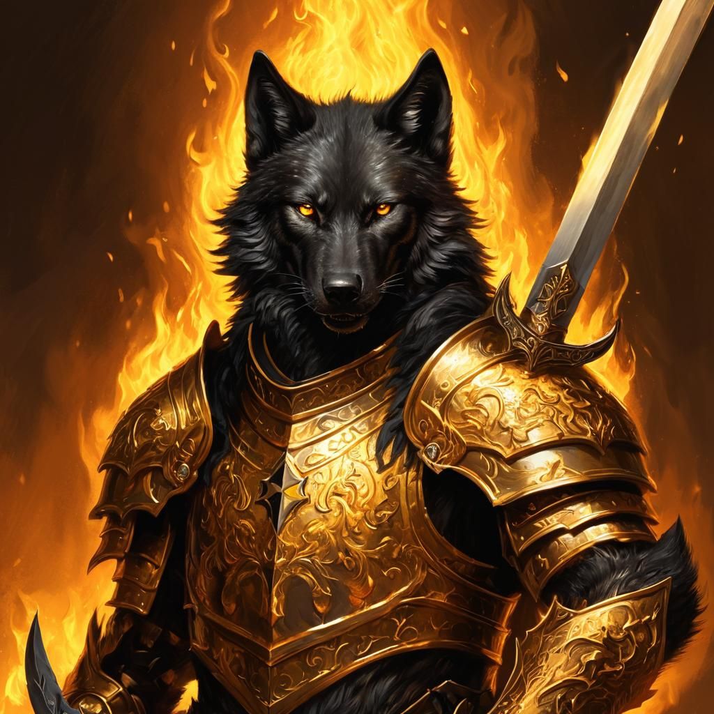 Epic Black Wolf in Gold Armour, Radiant with Flaming Sword a...