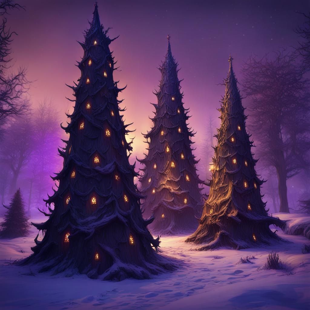 Gothic Christmas Trees in Snowy Dark Fantasy Style