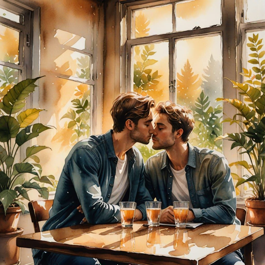 Watercolor Illustration of an Intimate Kiss