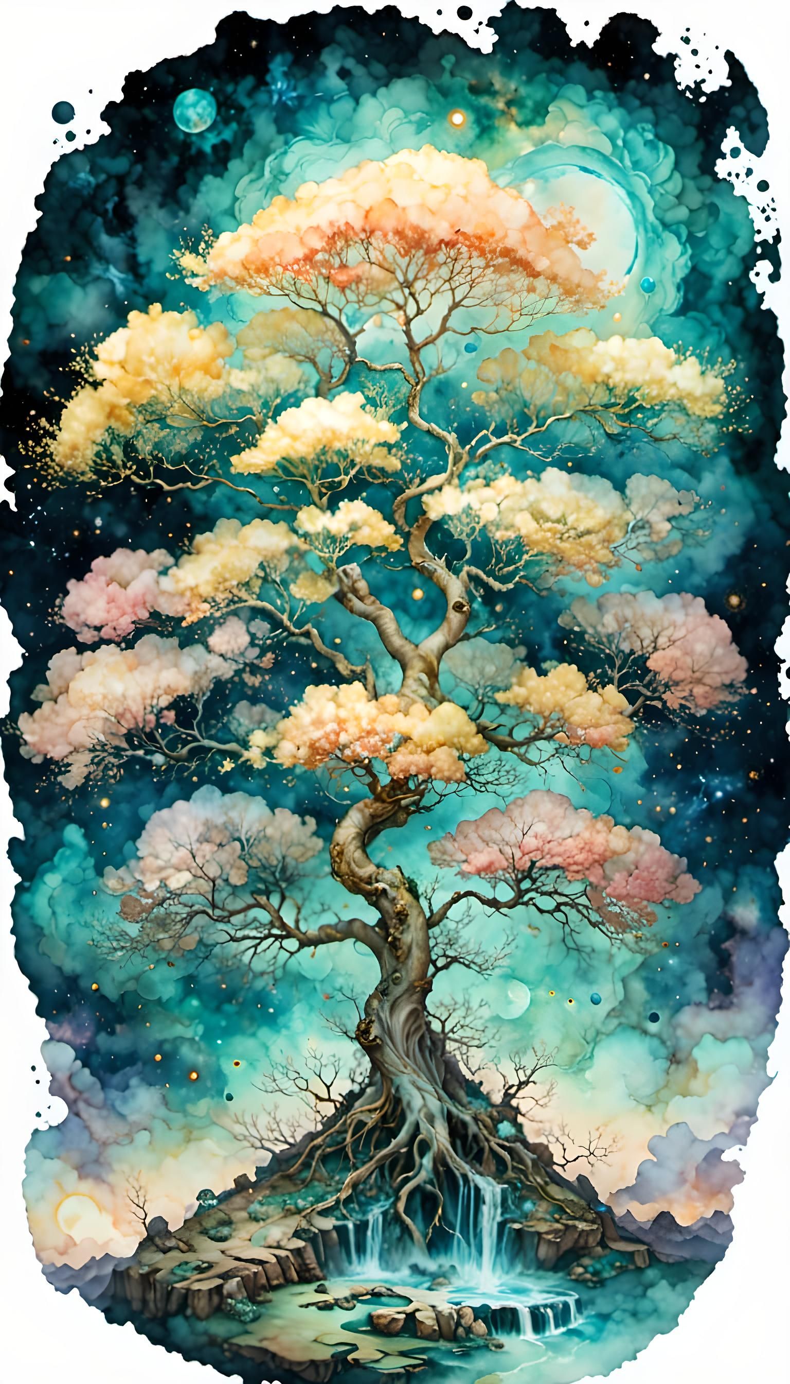 Mystical Astral Katsura Tree in Watercolor Style