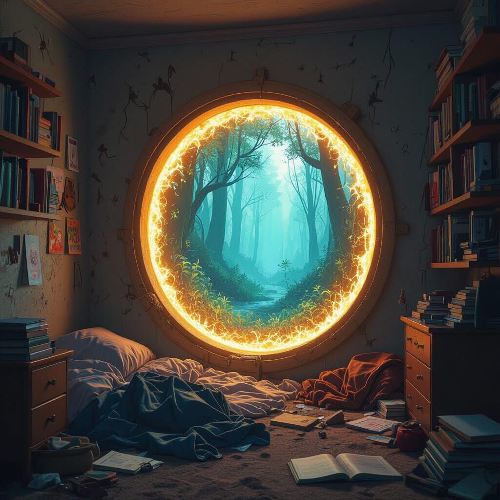 Mythical Forest Portal in Cluttered Bedroom