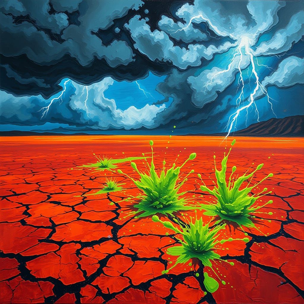 Dynamic Red-Brown Landscape with Turbulent Sky and Erupting ...