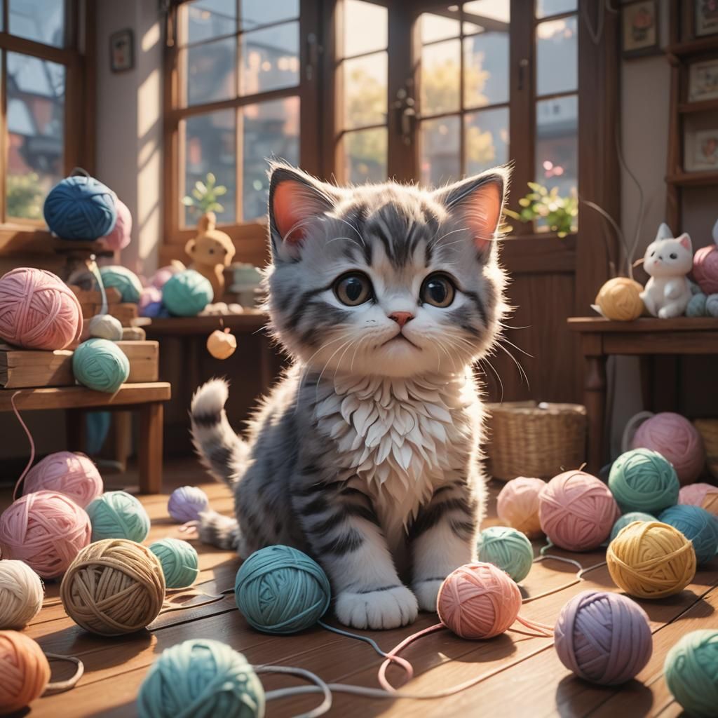 Cute Kitten Plays with Yarn: 3D Anime Art