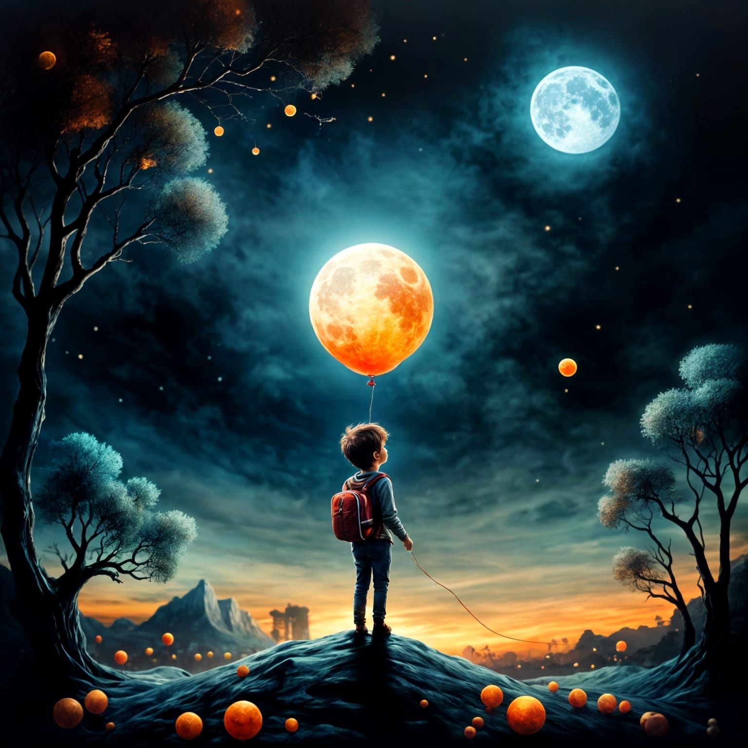Boy Holds Moon Balloon at Night