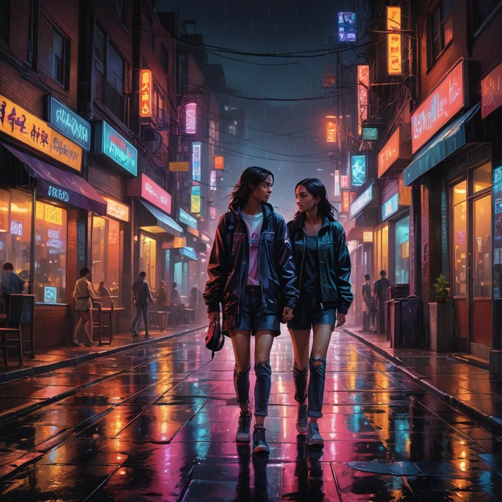 Teenagers in Neon Cityscape: Hyperrealistic Concept Art