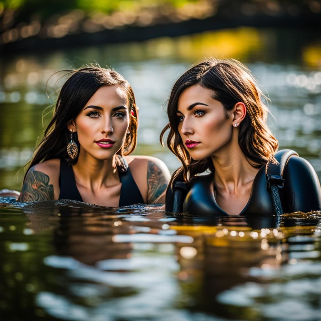 Romantic River Scene: Two Petite Transgender Women in Love