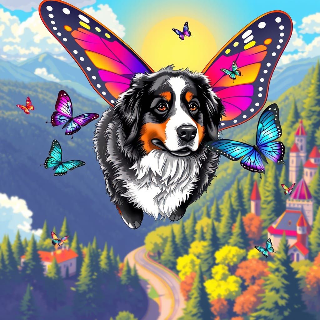 Majestic Bernese Mountain Dog Soars on Butterfly Plane into ...