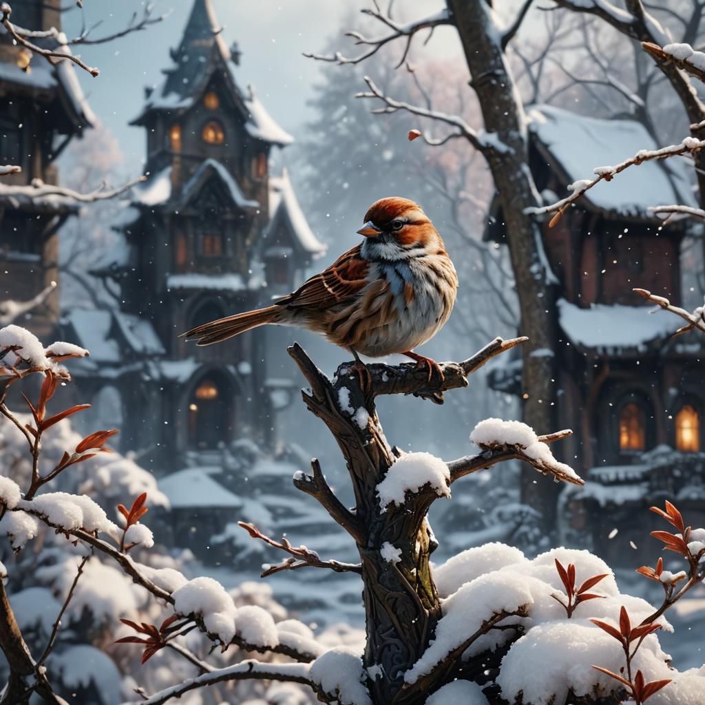 Sparrow in Snow: Detailed Matte Painting