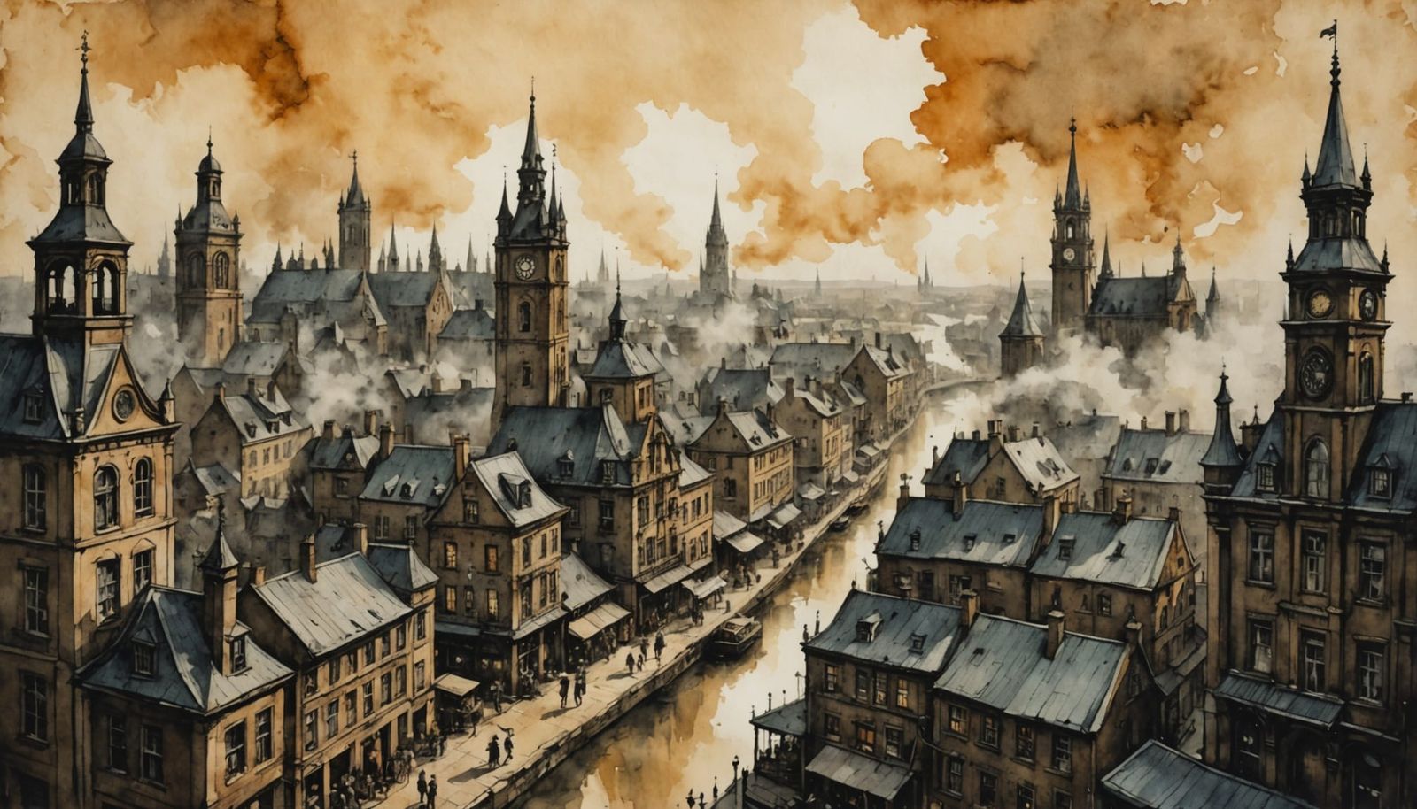 Victorian Steampunk Cityscape in Vintage Ink and Watercolor