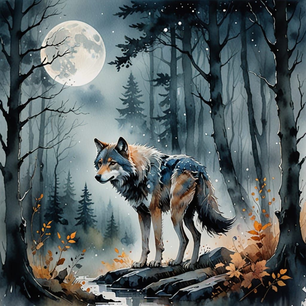 Whimsical Watercolor Wolf Under Autumn Moonlight