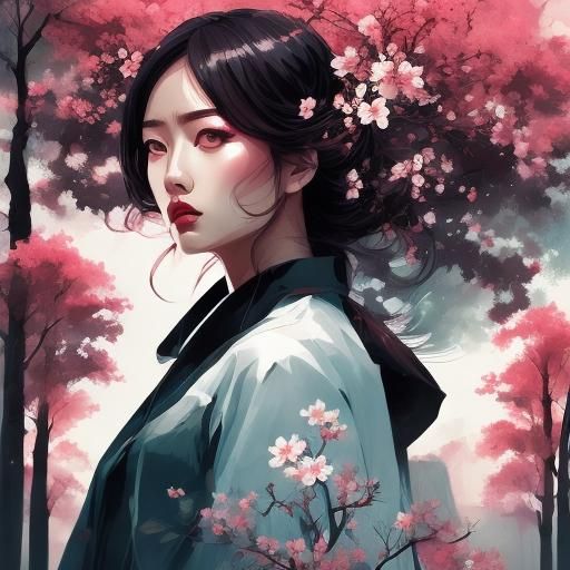 Double Exposure Portrait: Girl, Blossom, Bird, Tree