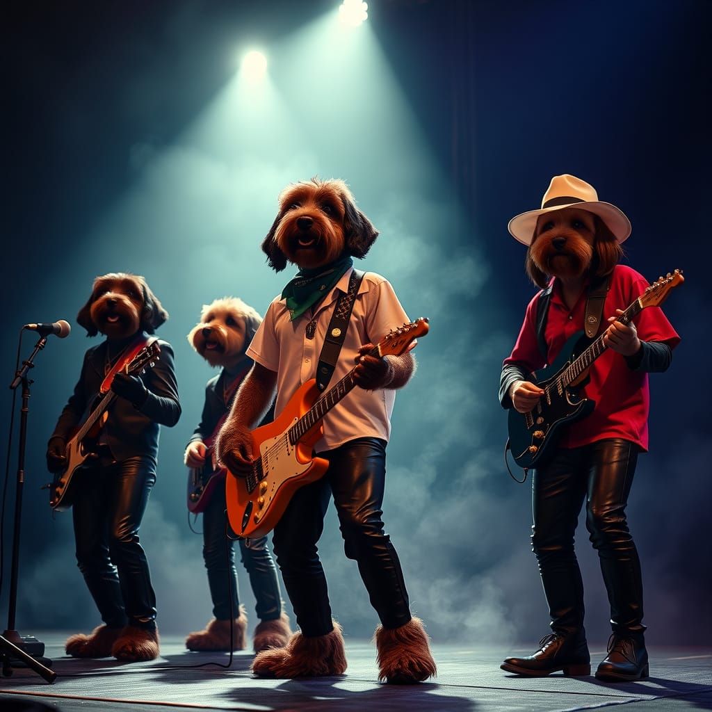 Labradoodles Rock Out in Dimly Lit Concert Stage